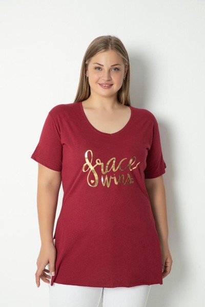 Damen T-Shirt V-Ausschnitt, Seitenschlitz, mit Aufdruck Große-Größen Farbauswahl