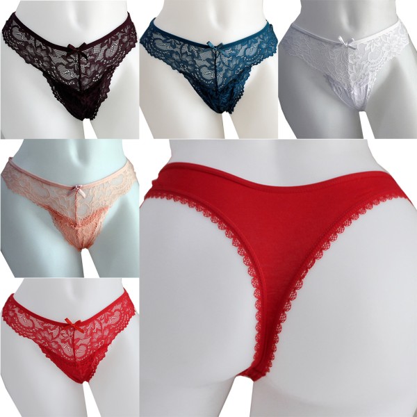 5 Stück Damen Tanga Unterhose mit Spitze Verschiedene Farben 4007