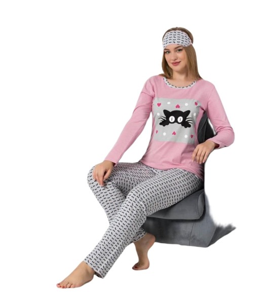 Damen Pyjama Set 2-Teiler Langarm Shirt Schlafanzug Nachtwäsche Baumwolle 2390