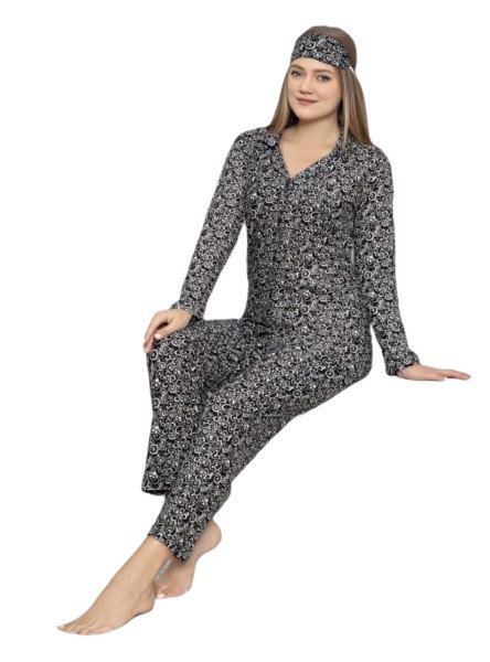 Damen Pyjama Set Langarm Schlafanzug Nachtwäsche 2-Teiler Schwarz,Baumwolle 4610