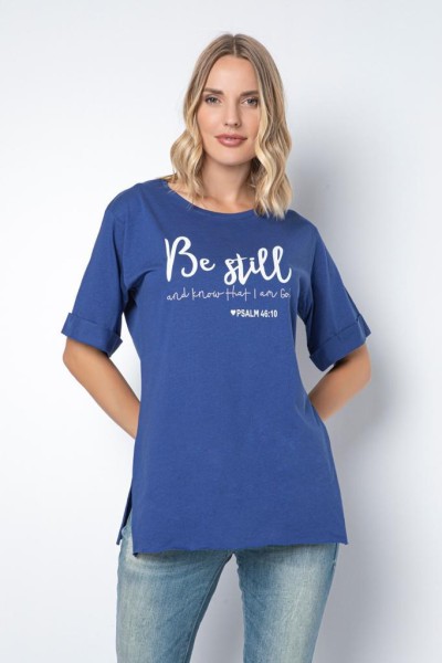 Damen T-Shirt Rundhalsausschnitt, mit Seitenschlitz, mit Aufdruck Lang-Shirt