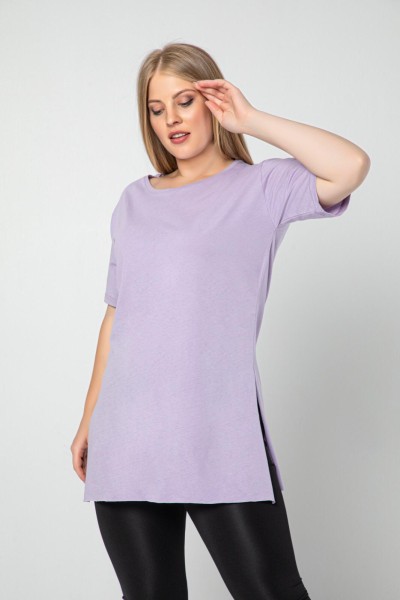 Damen T-Shirt Rundhalsausschnitt, mit Seitenschlitz Ohne Aufdruck Große-Größen