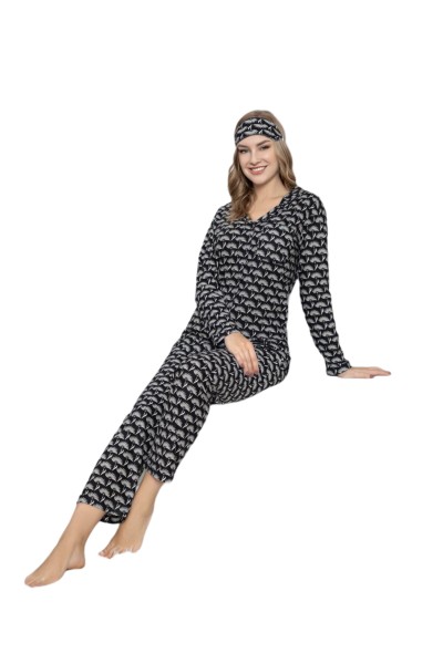 Damen Pyjama Set Langarm Schlafanzug Nachtwäsche 2-Teiler Schwarz,Baumwolle 4630