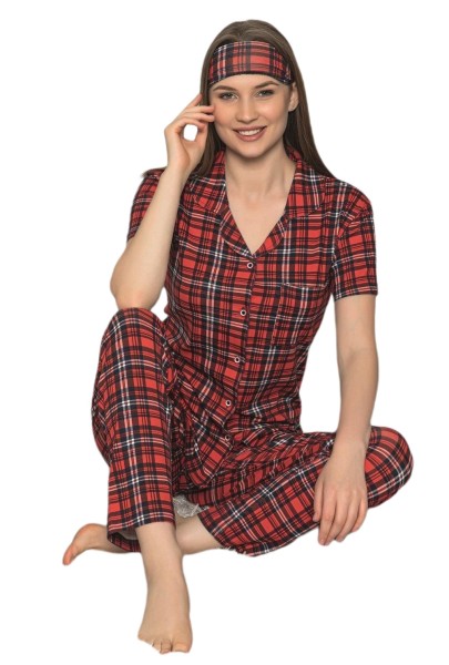 Damen Pyjama Set Kurzarm Schlafanzug Nachtwäsche 2-Teiler Rot 5110