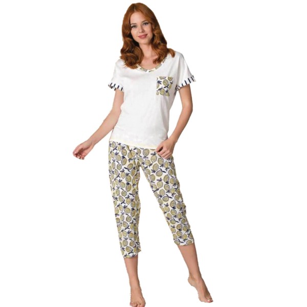 Damen Schlafanzug Pyjama Nachtwäsche Zweiteiliger Kurzarm und Caprihose 66695