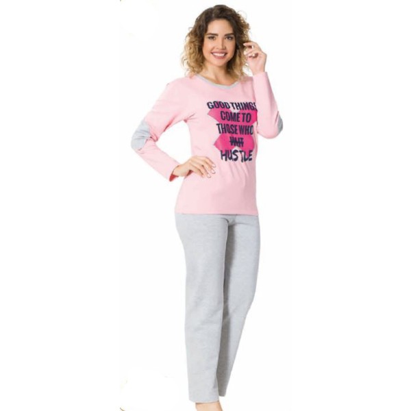 Damen 2 Teilige Schlafanzug Langarm Oberteil und Hose Pyjama Set 5945