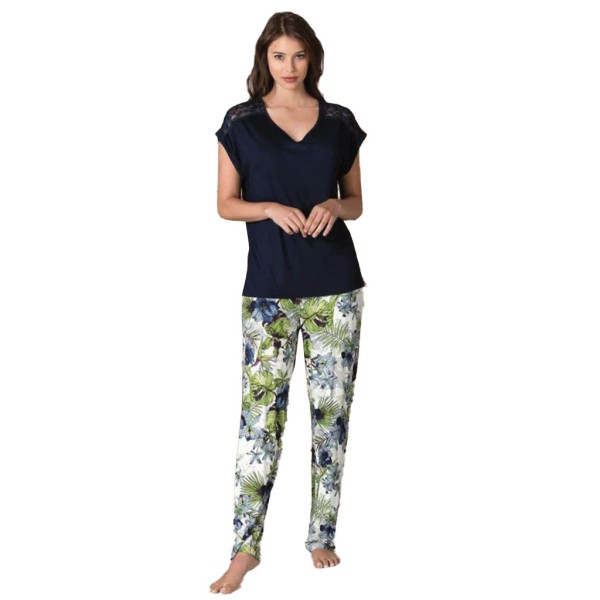 Damen Schlafanzug Pyjama Nachtwäsche Zweiteiliger Lange Hose Sommer-Set 66697