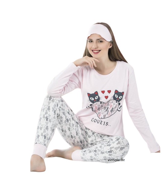 Damen Pyjama Set 2-Teiler Langarm Shirt Schlafanzug Nachtwäsche Baumwolle 32630