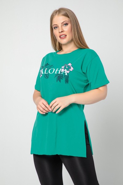 Damen T-Shirt Rundhalsausschnitt, mit Seitenschlitz, MIT-AUFDRUCK Große-Größen