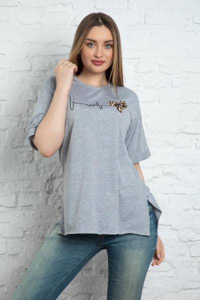 Damen T-Shirt Rundhalsausschnitt, mit Seitenschlitz, mit Aufdruck Lang-Shirt